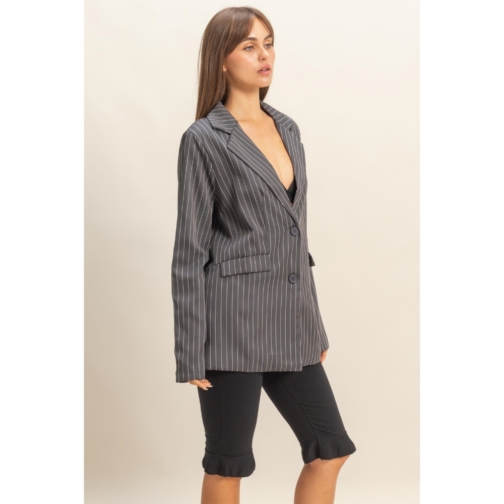 Gray Oversized Professional Pinstripe Lined Blazer